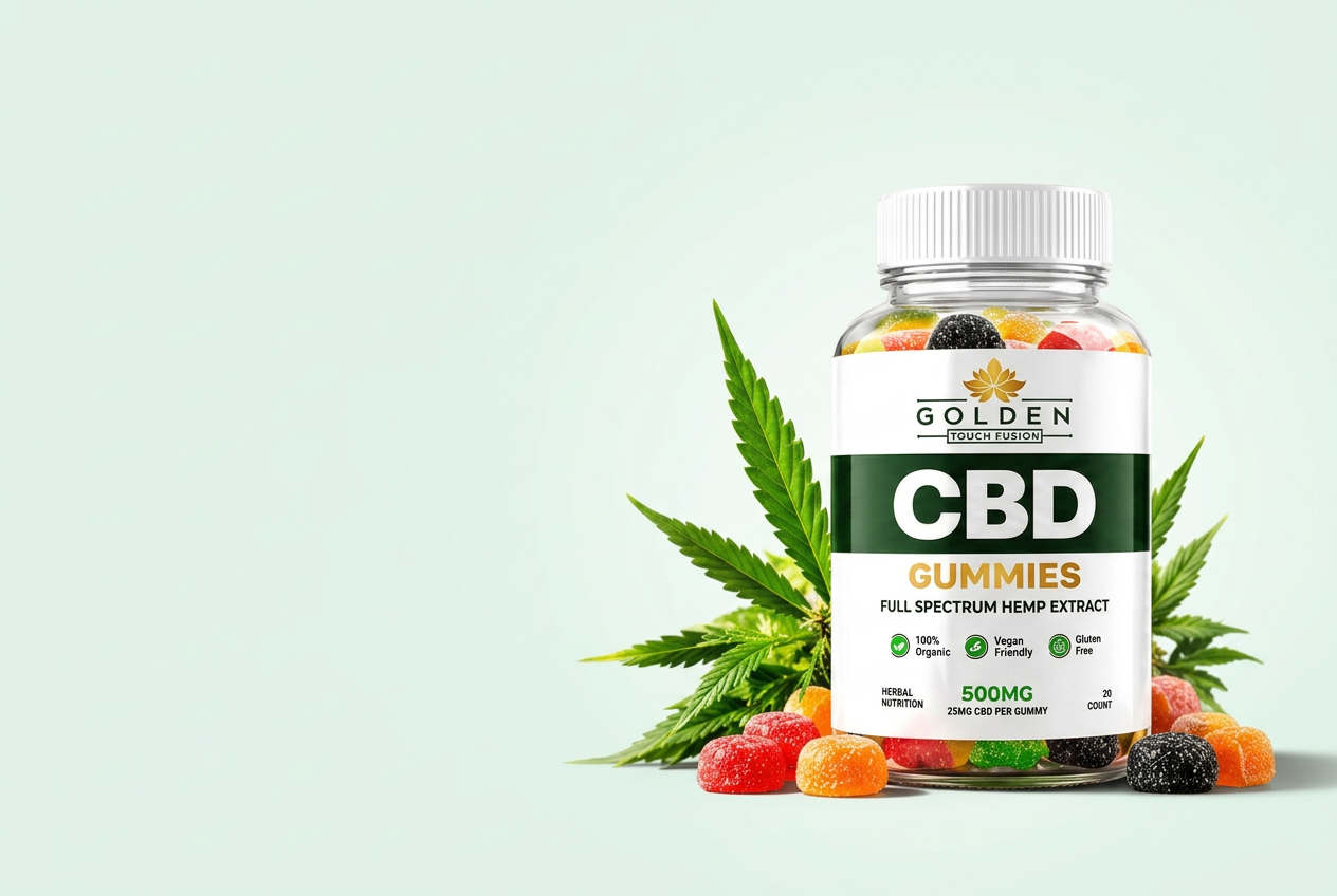 Golden Touch Fusion CBD Gummies bottle with colorful gummies and hemp leaves